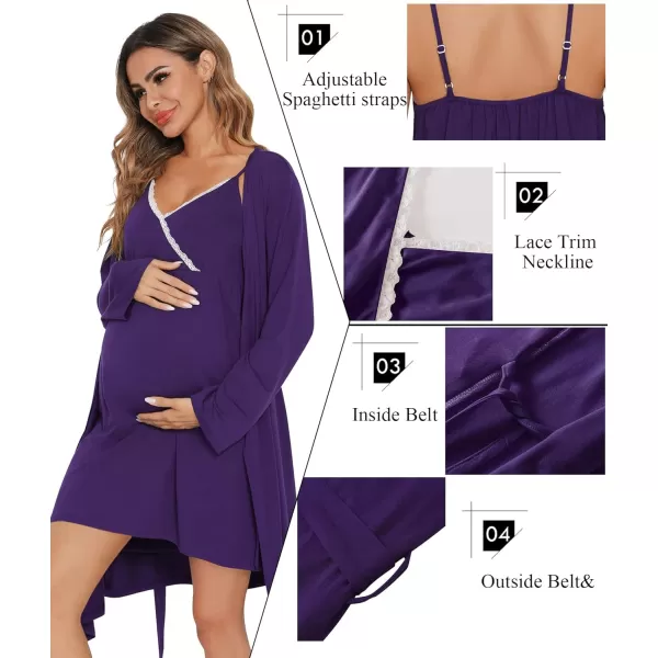 SWOMOG Womens Maternity Robe 2 Piece Nursing Nightgown for Breastfeeding 3 in 1 Labor Delivery Nursing Dress Lace BathrobePurple