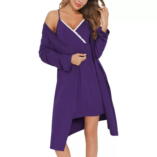 SWOMOG Womens Maternity Robe 2 Piece Nursing Nightgown for Breastfeeding 3 in 1 Labor Delivery Nursing Dress Lace BathrobePurple