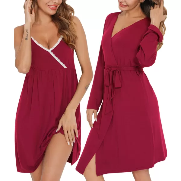 SWOMOG Womens Maternity Robe 2 Piece Nursing Nightgown for Breastfeeding 3 in 1 Labor Delivery Nursing Dress Lace BathrobeWine Red