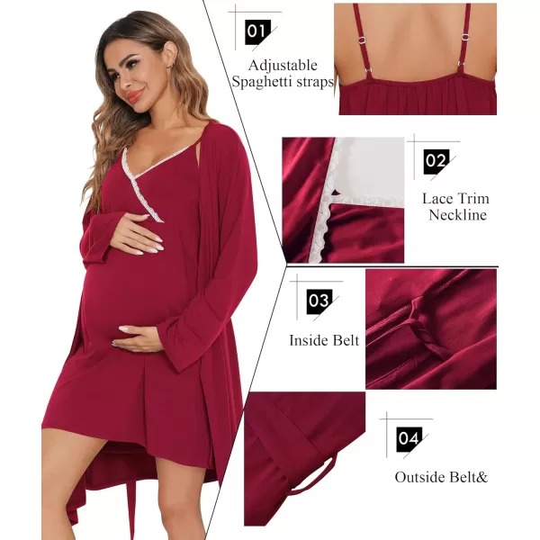 SWOMOG Womens Maternity Robe 2 Piece Nursing Nightgown for Breastfeeding 3 in 1 Labor Delivery Nursing Dress Lace BathrobeWine Red