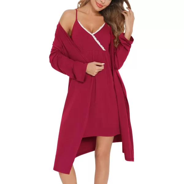 SWOMOG Womens Maternity Robe 2 Piece Nursing Nightgown for Breastfeeding 3 in 1 Labor Delivery Nursing Dress Lace BathrobeWine Red