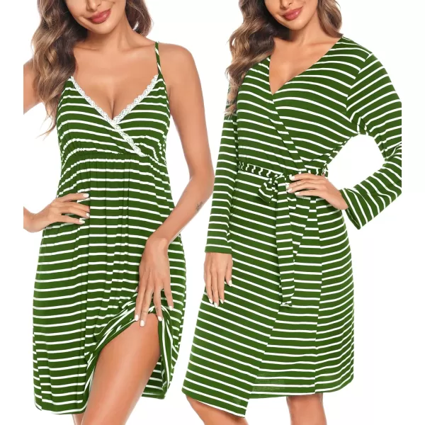 SWOMOG Womens Maternity Robe 2 Piece Nursing Nightgown for Breastfeeding 3 in 1 Labor Delivery Nursing Dress Lace BathrobeZgreen Stripe