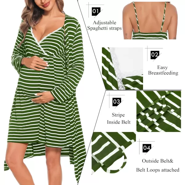 SWOMOG Womens Maternity Robe 2 Piece Nursing Nightgown for Breastfeeding 3 in 1 Labor Delivery Nursing Dress Lace BathrobeZgreen Stripe