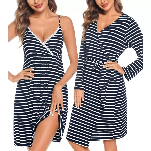 SWOMOG Womens Maternity Robe 2 Piece Nursing Nightgown for Breastfeeding 3 in 1 Labor Delivery Nursing Dress Lace BathrobeZnavy Blue Stripe