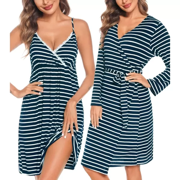 SWOMOG Womens Maternity Robe 2 Piece Nursing Nightgown for Breastfeeding 3 in 1 Labor Delivery Nursing Dress Lace BathrobeZnavy Stripe