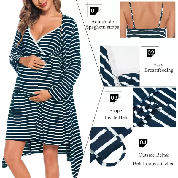 SWOMOG Womens Maternity Robe 2 Piece Nursing Nightgown for Breastfeeding 3 in 1 Labor Delivery Nursing Dress Lace BathrobeZnavy Stripe