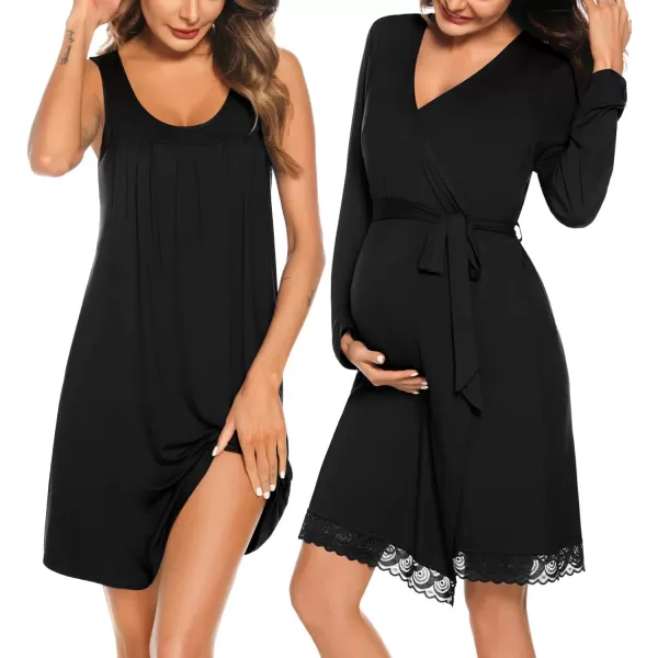 SWOMOG Womens Maternity Robe Set 2 Piece Nursing Nightgown 3 in 1 Labor Delivery Hospital Gown Pregnancy for BreastfeedingBlack