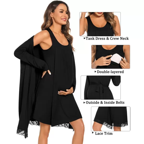 SWOMOG Womens Maternity Robe Set 2 Piece Nursing Nightgown 3 in 1 Labor Delivery Hospital Gown Pregnancy for BreastfeedingBlack