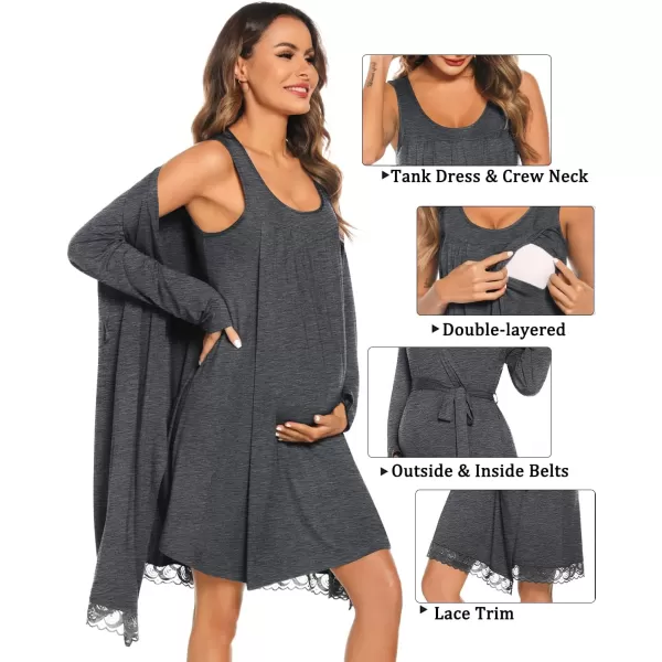 SWOMOG Womens Maternity Robe Set 2 Piece Nursing Nightgown 3 in 1 Labor Delivery Hospital Gown Pregnancy for BreastfeedingDeep Grey