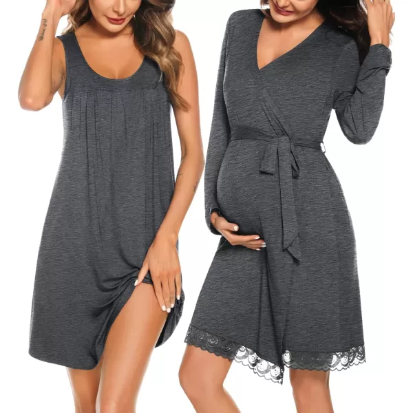 SWOMOG Womens Maternity Robe Set 2 Piece Nursing Nightgown 3 in 1 Labor Delivery Hospital Gown Pregnancy for BreastfeedingDeep Grey