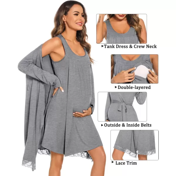 SWOMOG Womens Maternity Robe Set 2 Piece Nursing Nightgown 3 in 1 Labor Delivery Hospital Gown Pregnancy for BreastfeedingGrey