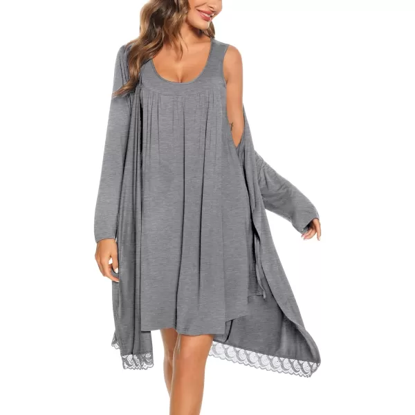 SWOMOG Womens Maternity Robe Set 2 Piece Nursing Nightgown 3 in 1 Labor Delivery Hospital Gown Pregnancy for BreastfeedingGrey