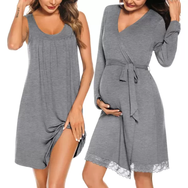 SWOMOG Womens Maternity Robe Set 2 Piece Nursing Nightgown 3 in 1 Labor Delivery Hospital Gown Pregnancy for BreastfeedingGrey