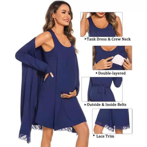 SWOMOG Womens Maternity Robe Set 2 Piece Nursing Nightgown 3 in 1 Labor Delivery Hospital Gown Pregnancy for BreastfeedingNavy Blue