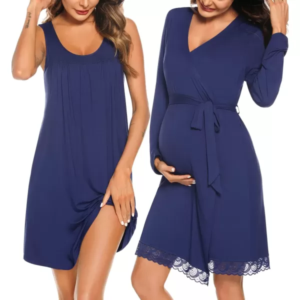 SWOMOG Womens Maternity Robe Set 2 Piece Nursing Nightgown 3 in 1 Labor Delivery Hospital Gown Pregnancy for BreastfeedingNavy Blue