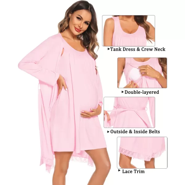 SWOMOG Womens Maternity Robe Set 2 Piece Nursing Nightgown 3 in 1 Labor Delivery Hospital Gown Pregnancy for BreastfeedingPink