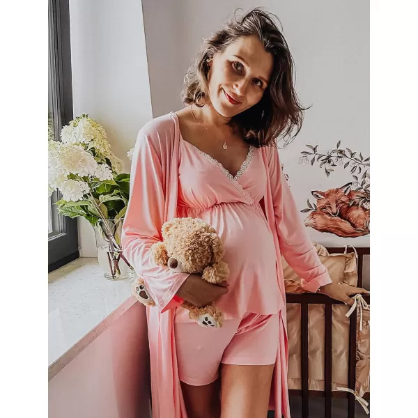 SWOMOG Womens Maternity Robe Set 3 Piece Nursing Pajamas for Breastfeeding 3 in 1 Labor Delivery Hospital Pregnancy PjsApink