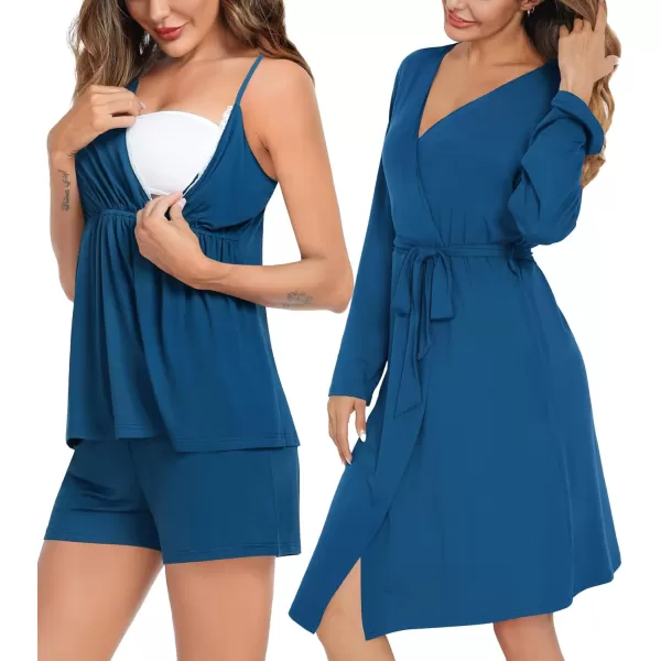 SWOMOG Womens Maternity Robe Set 3 Piece Nursing Pajamas for Breastfeeding 3 in 1 Labor Delivery Hospital Pregnancy PjsPeacock Blue