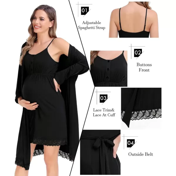 SWOMOG Womens Maternity Robe and Nursing Nightgown Sets for Breastfeeding 3 in 1 Labor Delivery Lace Dress BathrobeBlack