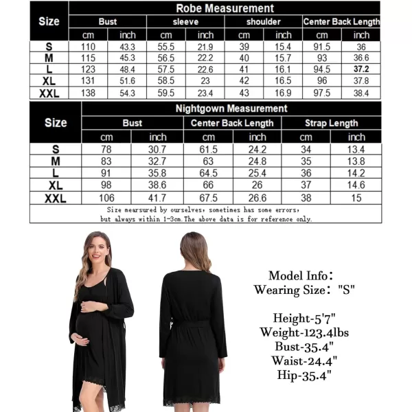 SWOMOG Womens Maternity Robe and Nursing Nightgown Sets for Breastfeeding 3 in 1 Labor Delivery Lace Dress BathrobeBlack