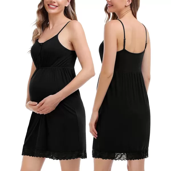 SWOMOG Womens Maternity Robe and Nursing Nightgown Sets for Breastfeeding 3 in 1 Labor Delivery Lace Dress BathrobeBlack