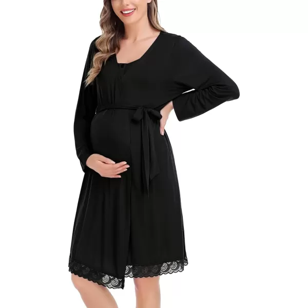 SWOMOG Womens Maternity Robe and Nursing Nightgown Sets for Breastfeeding 3 in 1 Labor Delivery Lace Dress BathrobeBlack