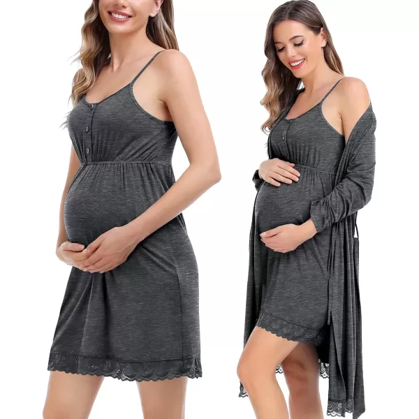 SWOMOG Womens Maternity Robe and Nursing Nightgown Sets for Breastfeeding 3 in 1 Labor Delivery Lace Dress BathrobeDark Gray