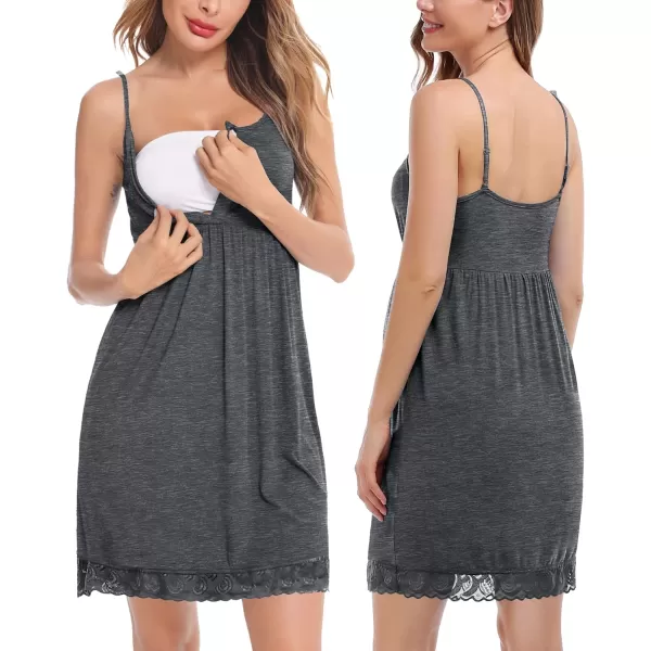 SWOMOG Womens Maternity Robe and Nursing Nightgown Sets for Breastfeeding 3 in 1 Labor Delivery Lace Dress BathrobeDark Gray