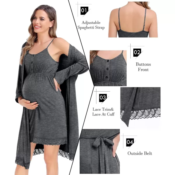 SWOMOG Womens Maternity Robe and Nursing Nightgown Sets for Breastfeeding 3 in 1 Labor Delivery Lace Dress BathrobeDark Gray