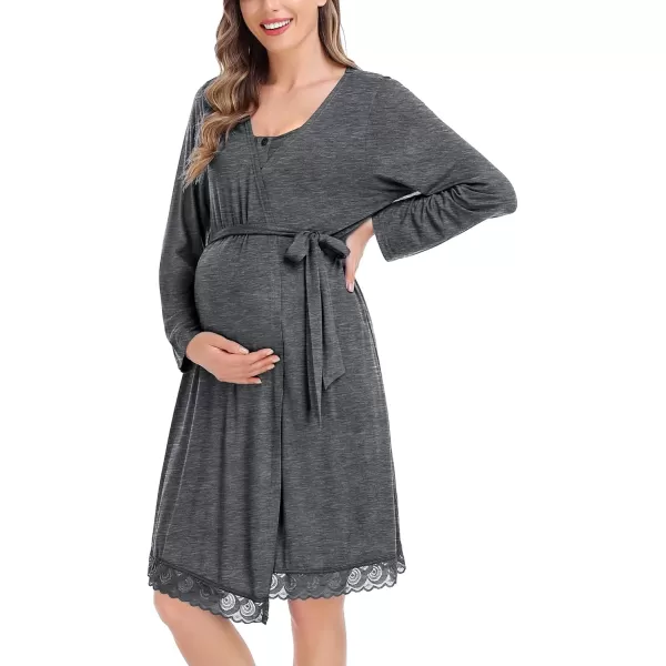 SWOMOG Womens Maternity Robe and Nursing Nightgown Sets for Breastfeeding 3 in 1 Labor Delivery Lace Dress BathrobeDark Gray