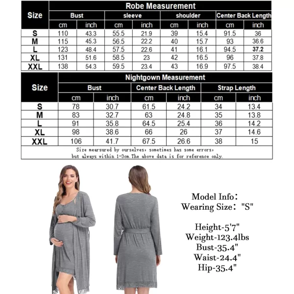 SWOMOG Womens Maternity Robe and Nursing Nightgown Sets for Breastfeeding 3 in 1 Labor Delivery Lace Dress BathrobeGrey