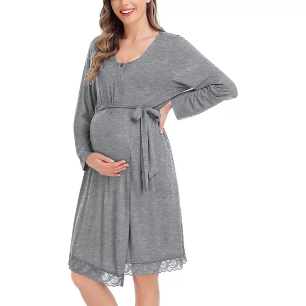 SWOMOG Womens Maternity Robe and Nursing Nightgown Sets for Breastfeeding 3 in 1 Labor Delivery Lace Dress BathrobeGrey