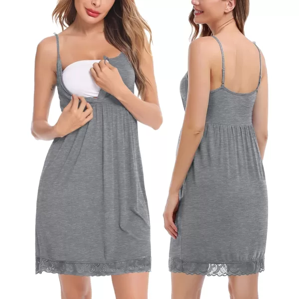 SWOMOG Womens Maternity Robe and Nursing Nightgown Sets for Breastfeeding 3 in 1 Labor Delivery Lace Dress BathrobeGrey