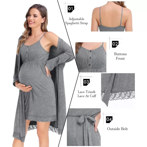 SWOMOG Womens Maternity Robe and Nursing Nightgown Sets for Breastfeeding 3 in 1 Labor Delivery Lace Dress BathrobeGrey