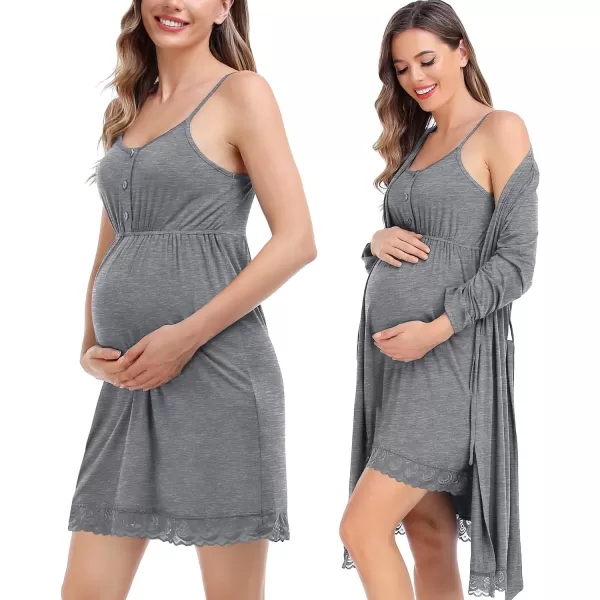 SWOMOG Womens Maternity Robe and Nursing Nightgown Sets for Breastfeeding 3 in 1 Labor Delivery Lace Dress BathrobeGrey