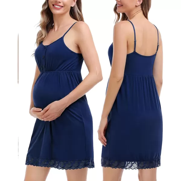 SWOMOG Womens Maternity Robe and Nursing Nightgown Sets for Breastfeeding 3 in 1 Labor Delivery Lace Dress BathrobeNavy Blue