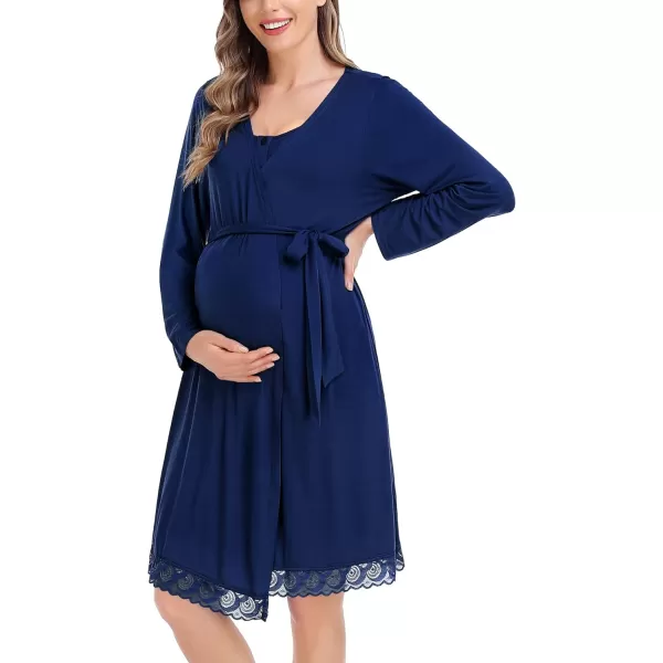 SWOMOG Womens Maternity Robe and Nursing Nightgown Sets for Breastfeeding 3 in 1 Labor Delivery Lace Dress BathrobeNavy Blue