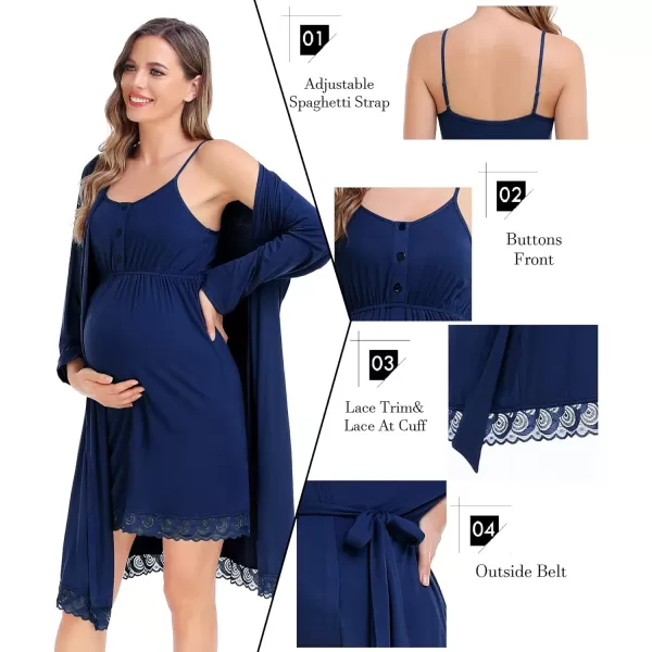 SWOMOG Womens Maternity Robe and Nursing Nightgown Sets for Breastfeeding 3 in 1 Labor Delivery Lace Dress BathrobeNavy Blue