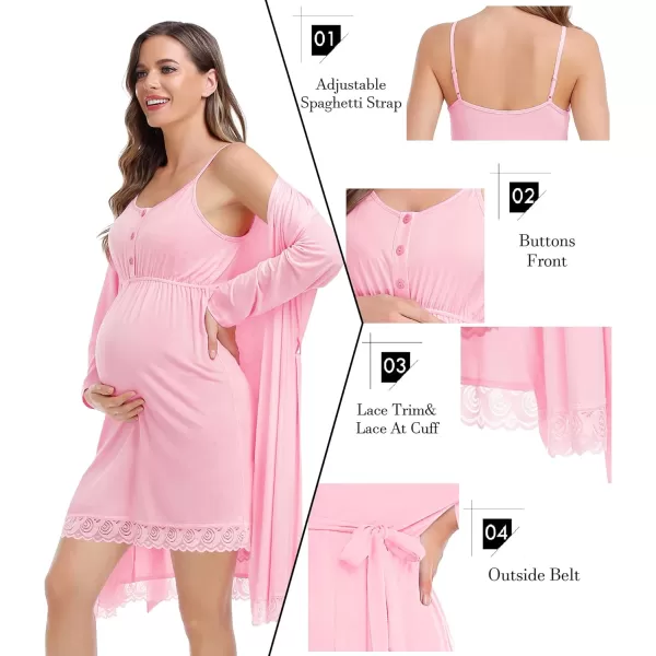 SWOMOG Womens Maternity Robe and Nursing Nightgown Sets for Breastfeeding 3 in 1 Labor Delivery Lace Dress BathrobePink