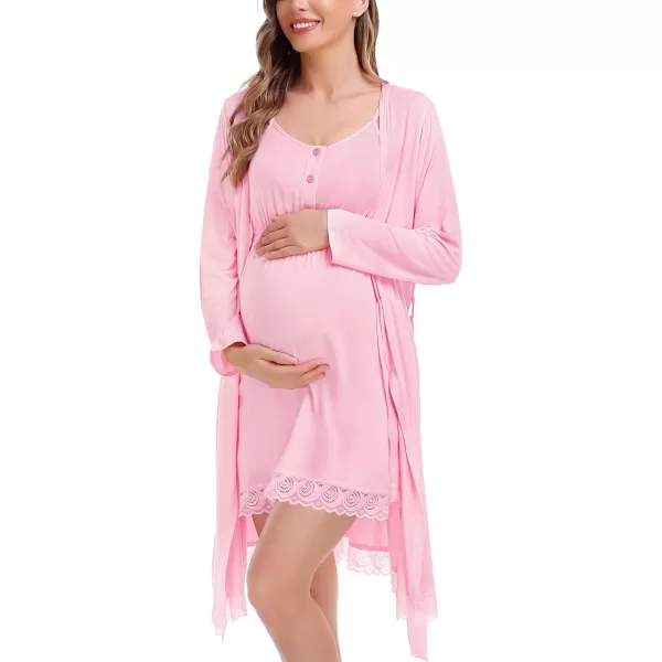 SWOMOG Womens Maternity Robe and Nursing Nightgown Sets for Breastfeeding 3 in 1 Labor Delivery Lace Dress BathrobePink