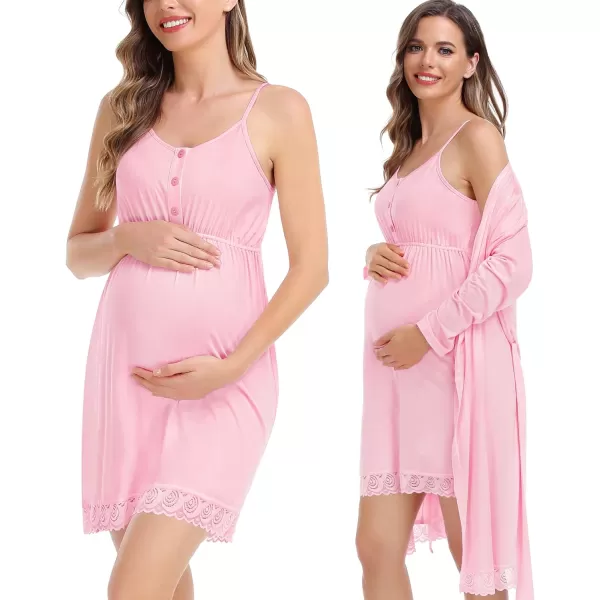 SWOMOG Womens Maternity Robe and Nursing Nightgown Sets for Breastfeeding 3 in 1 Labor Delivery Lace Dress BathrobePink