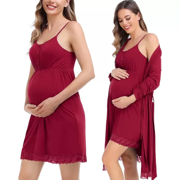 SWOMOG Womens Maternity Robe and Nursing Nightgown Sets for Breastfeeding 3 in 1 Labor Delivery Lace Dress BathrobeWine Red