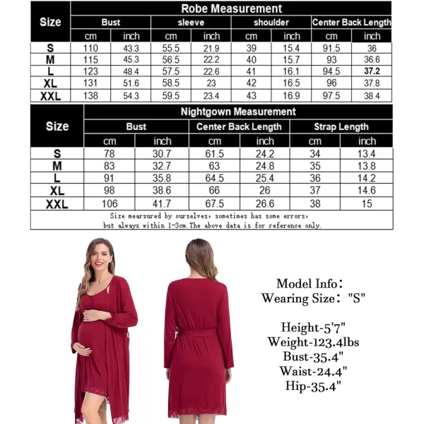 SWOMOG Womens Maternity Robe and Nursing Nightgown Sets for Breastfeeding 3 in 1 Labor Delivery Lace Dress BathrobeWine Red