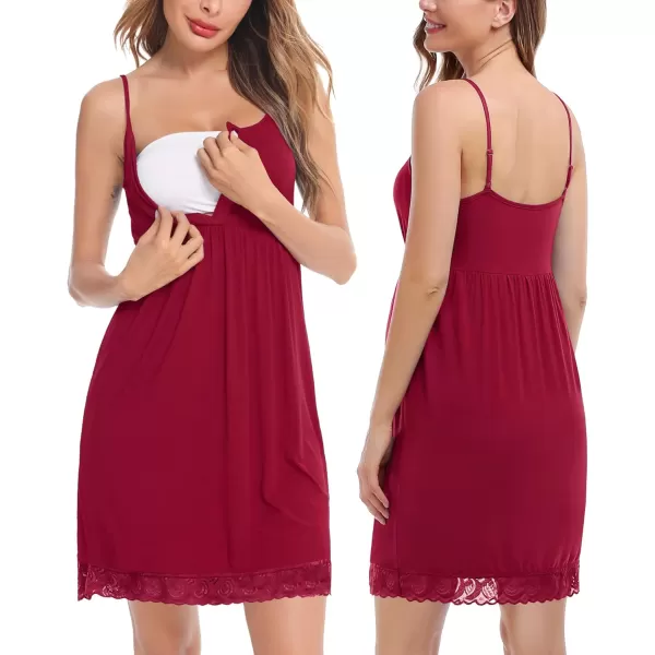 SWOMOG Womens Maternity Robe and Nursing Nightgown Sets for Breastfeeding 3 in 1 Labor Delivery Lace Dress BathrobeWine Red