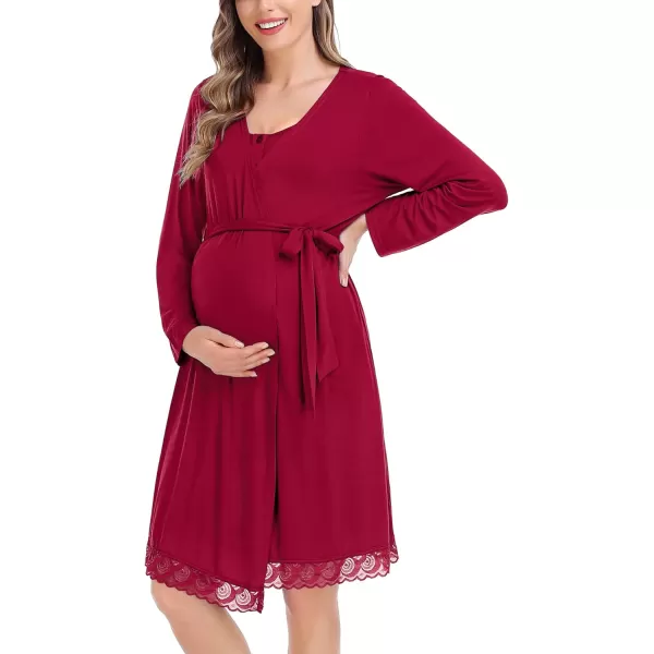 SWOMOG Womens Maternity Robe and Nursing Nightgown Sets for Breastfeeding 3 in 1 Labor Delivery Lace Dress BathrobeWine Red