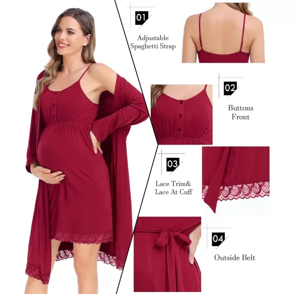 SWOMOG Womens Maternity Robe and Nursing Nightgown Sets for Breastfeeding 3 in 1 Labor Delivery Lace Dress BathrobeWine Red