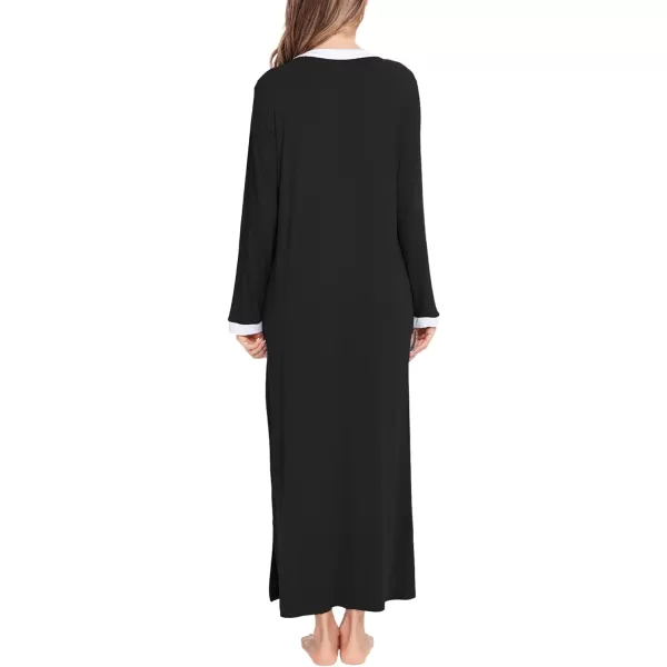 SWOMOG Womens Nightgown Long Sleeve Sleep Shirts Oversized Sleep Dress Long Soft Housecoat With PocketsBlack