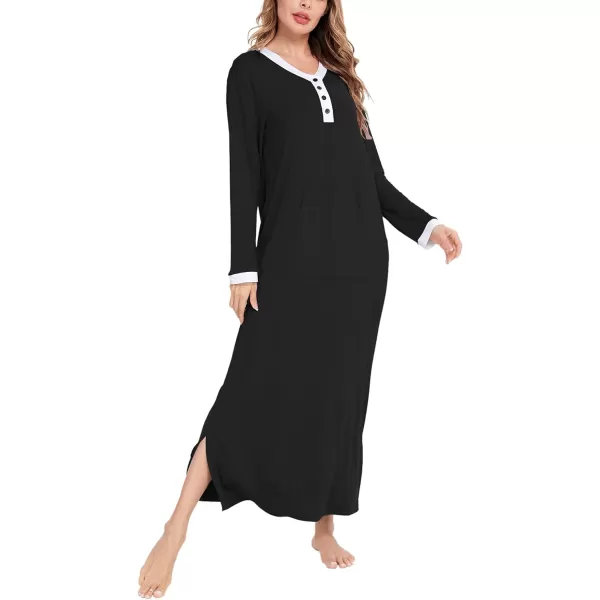 SWOMOG Womens Nightgown Long Sleeve Sleep Shirts Oversized Sleep Dress Long Soft Housecoat With PocketsBlack