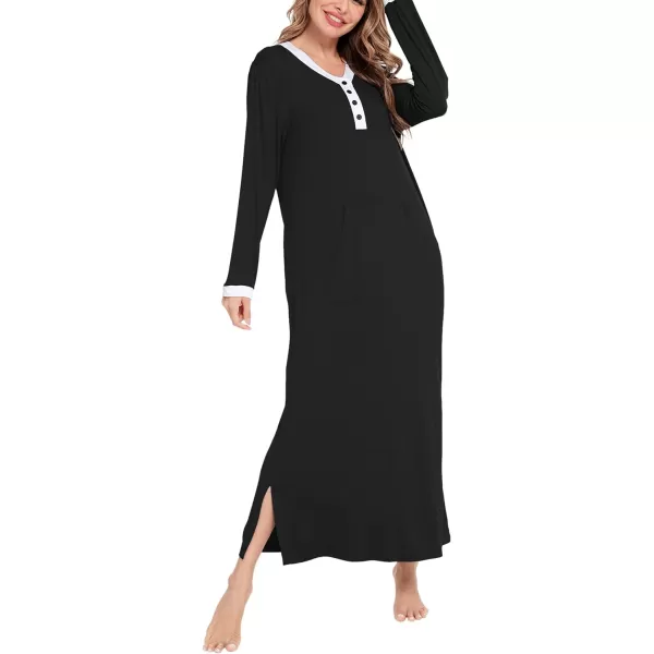 SWOMOG Womens Nightgown Long Sleeve Sleep Shirts Oversized Sleep Dress Long Soft Housecoat With PocketsBlack