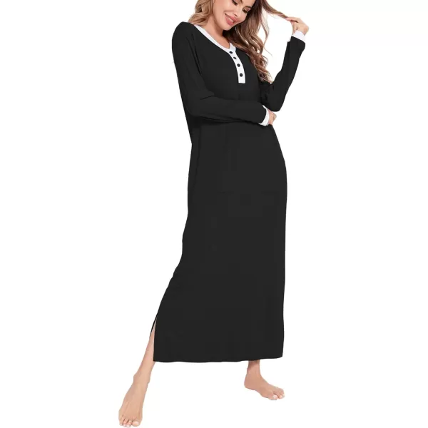 SWOMOG Womens Nightgown Long Sleeve Sleep Shirts Oversized Sleep Dress Long Soft Housecoat With PocketsBlack